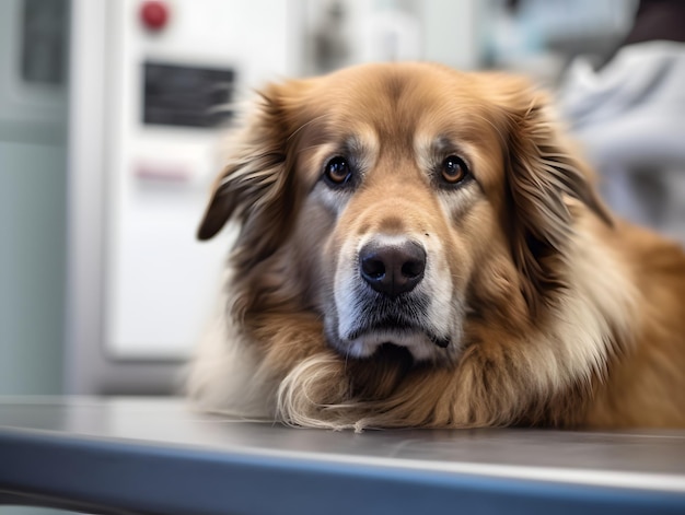 Charming photograph of an elderly dog in a vet's office soft brown fur with touches of gray