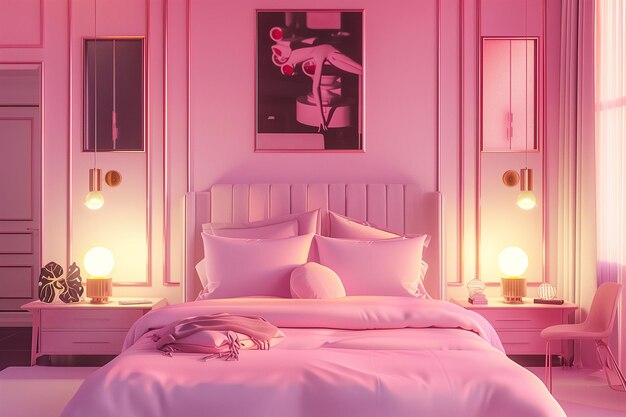 Photo charming pink bedroom with wall art of a woman stylish interior design