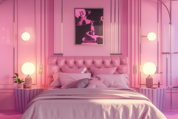 Charming Pink Bedroom with Wall Art of a Woman Stylish Interior Design