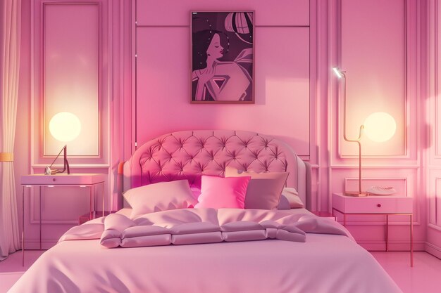 Charming Pink Bedroom with Wall Art of a Woman Stylish Interior Design