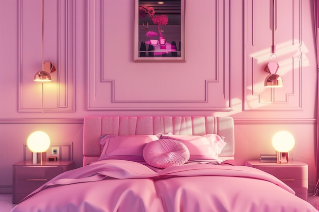 Photo charming pink bedroom with wall art of a woman stylish interior design