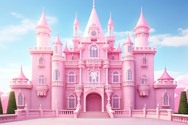 Charming pink castle home in a magical world artfully crafted by Generative AI