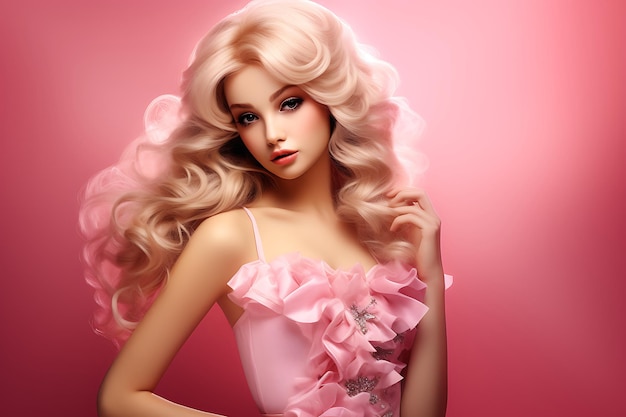 Charming Pink Elegance Barbie Doll Blonde Girl in Stylish Outfit Wallpaper Design