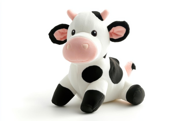 Charming plush cow toy resting on a clean white surface during a playful afternoon in a bright room