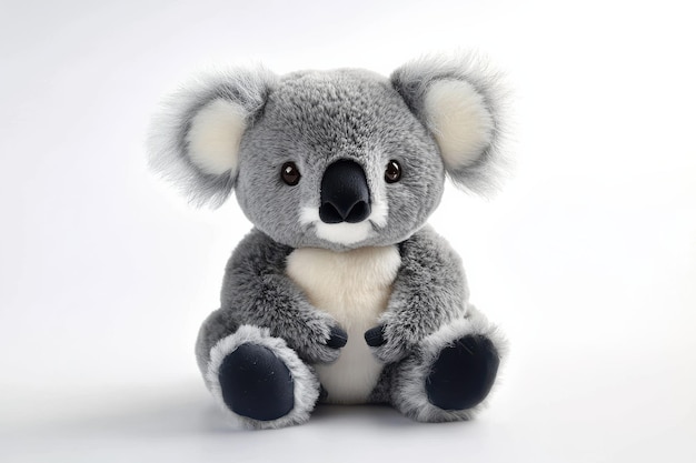 Charming plush koala sits adorably with a gentle expression against a clean white backdrop