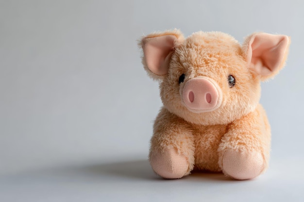 Charming plush piglet sits adorably against a soft gray background evoking warmth and joy