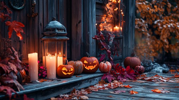 Photo a charming porch adorned with carved jackolanterns and flickering candles