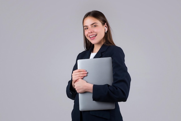 Charming positive lady hold laptop isolated background young secretary