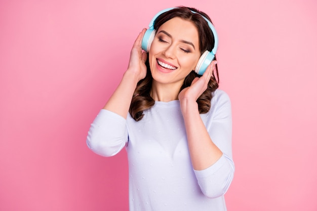 charming pretty lady listen music earphones have fun