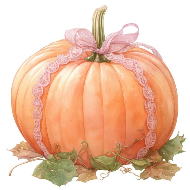 Photo a charming pumpkin adorned with a pink ribbon and lace surrounded by vibrant green leaves perfect for autumn decor