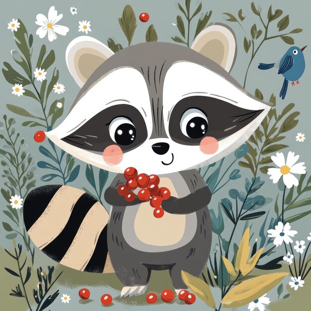 Charming Raccoon Gathering Red Berries from a Bush for Wildlife Lovers