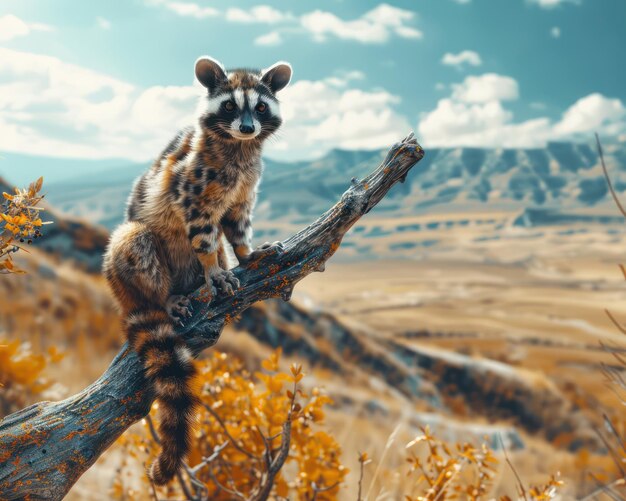 Charming Raccoon Sitting on a Tree Branch Amidst Stunning Autumn Landscape with Rolling Hills and