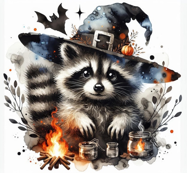 A charming raccoon wearing a witchs hat sits near a campfire surrounded by jars and autumn dec