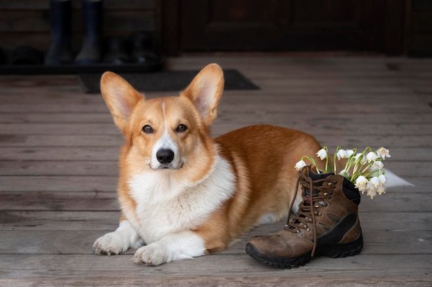 Charming red dog Welsh corgi pembroke lie near white spring snowdrops in an old trekking boot for travel on a dark background