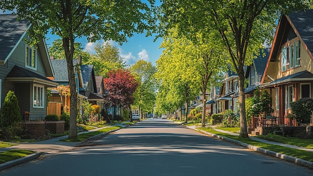 Photo charming residential street with treelined houses