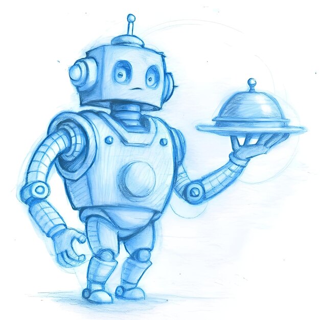 Photo a charming robot waiter drawn in blue pencil stands ready to serve