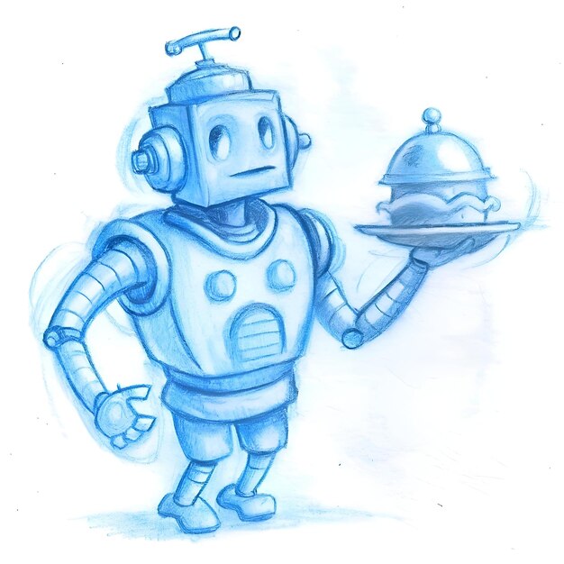 Photo a charming robot waiter serves a meal on a silver platter perfect for adding a touch of whimsy to your restaurant hospitality or ai designs