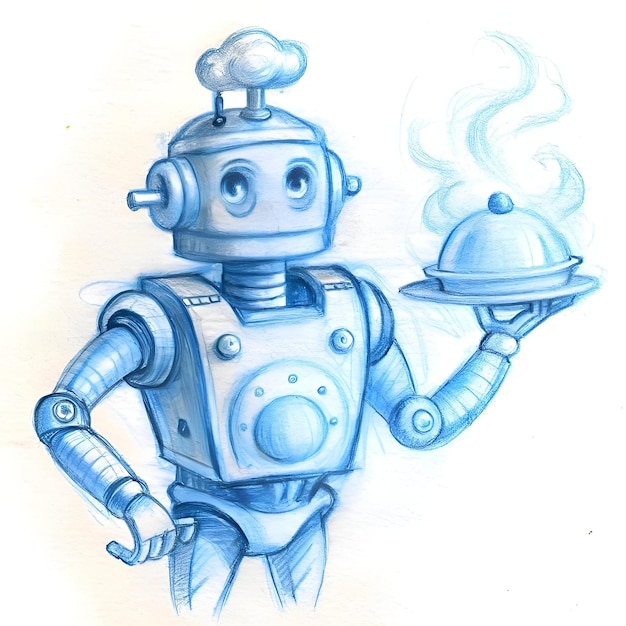 Photo a charming robot waiter serves a meal on a silver platter with a steamy cloud above