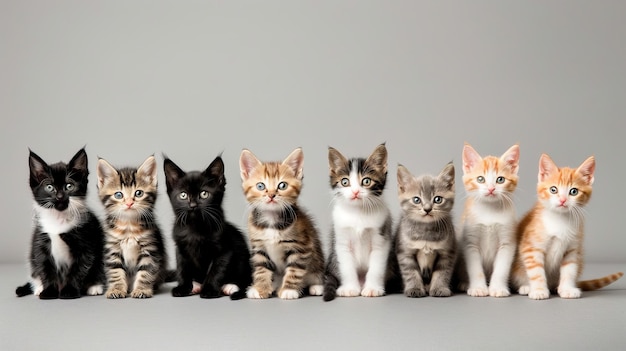 Charming row of playful multicolored kitten siblings creating an adorable and heartwarming scene