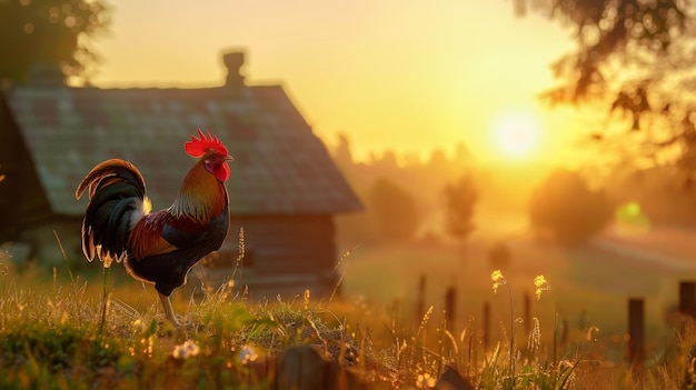 A charming rural scene of a rooster crowing at dawn heralding the start of a new day on a picturesque farmstead