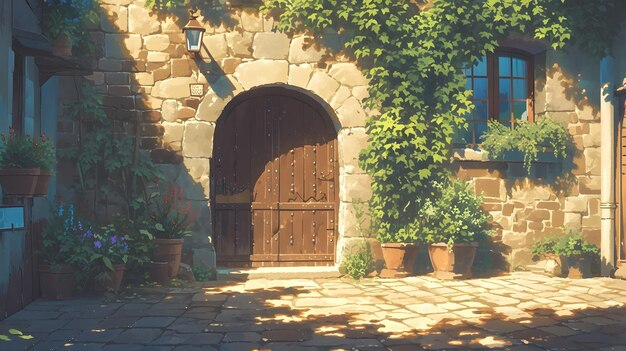 Photo charming rustic archway with wooden door and lush floral accents in idyllic mediterranean courtyard