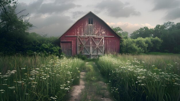 Photo charming rustic barn amidst verdant countryside with wildflowers and dirt pathway leading to weather