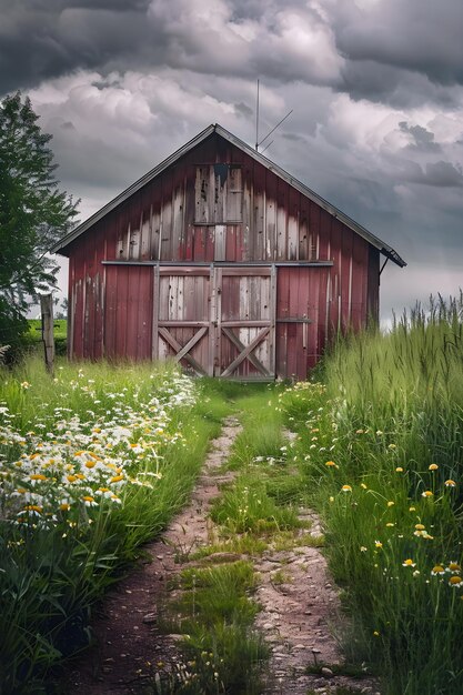 Photo charming rustic barn amidst verdant countryside with wildflowers and dirt pathway leading to weather