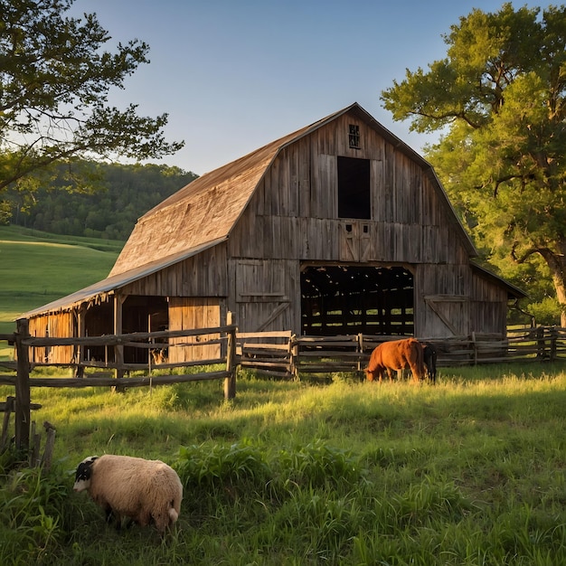 a charming rustic barn with weathered wood a scenic backdrop and farm animals