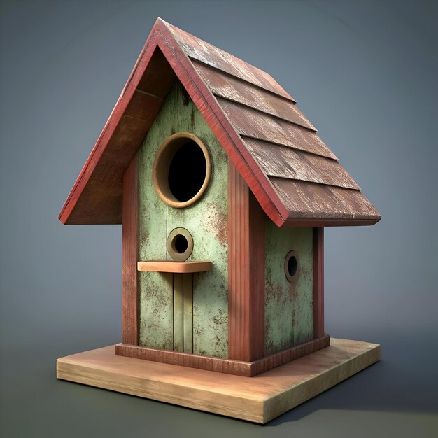 Photo a charming rustic birdhouse with a weathered green and red exterior