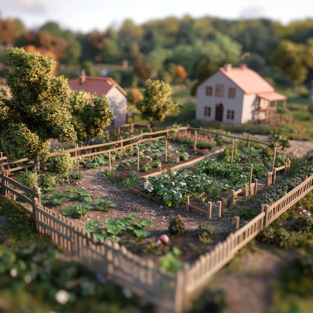 Photo a charming rustic garden with a wooden fence flourishing with lush green vegetables and flowers