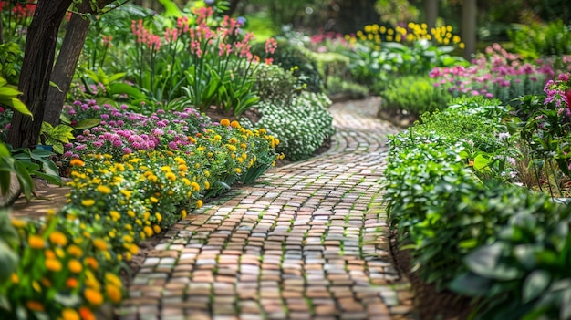 Charming Rustic Green Garden with Brick Pathways and Colorful Flowers