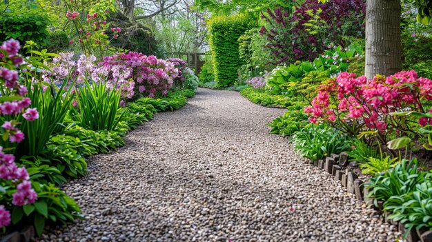 Charming Rustic Green Garden with Gravel Pathways and FlowerLined Pathway