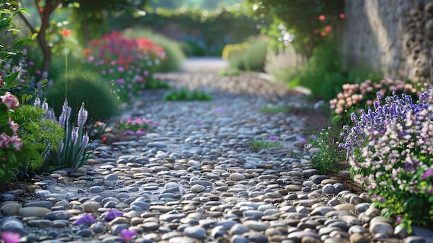 Charming Rustic Green Garden with Pebble Pathways and Rock Flower Pathway