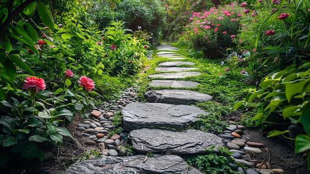 Charming Rustic Green Garden with Stepping Stones and Stone Path surrounded by Lush Plants