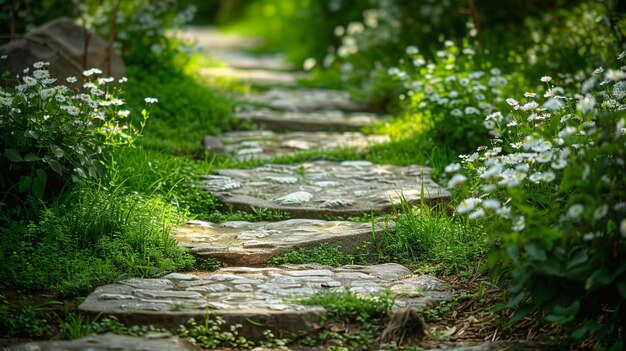 Charming Rustic Green Garden with Stepping Stones and White Flowers