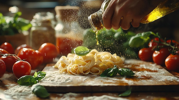 Photo charming rustic italian kitchen with handrolled pasta