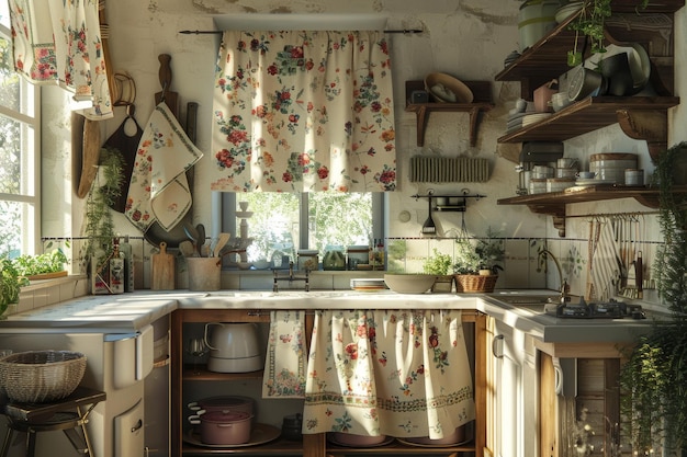 Charming Rustic Kitchen with Handmade Floral Textiles and Kitchenware for Cottagecore Decor and Design