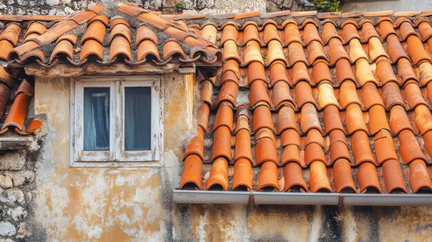 Photo charming rustic rooftop with terracotta tiles and a weathered window in a mediterranean village during sunny daytime