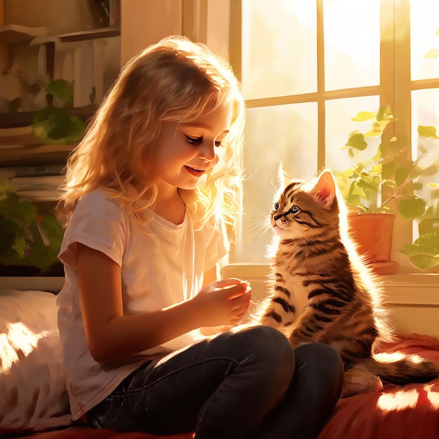 A charming scene of a blonde young girl