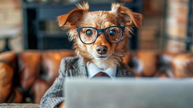 Photo a charming scene featuring a dog wearing glasses while using a laptop in a comfortable home office environment