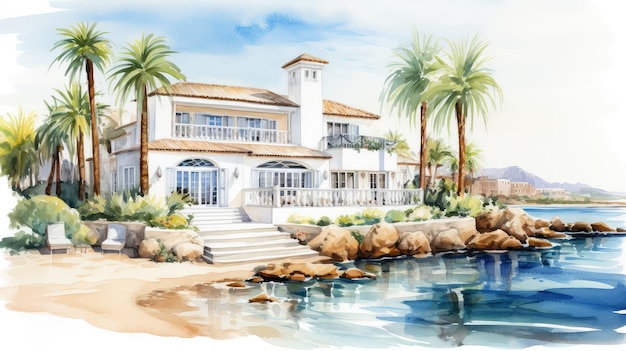 Charming seaside villa watercolor illustration generative ai