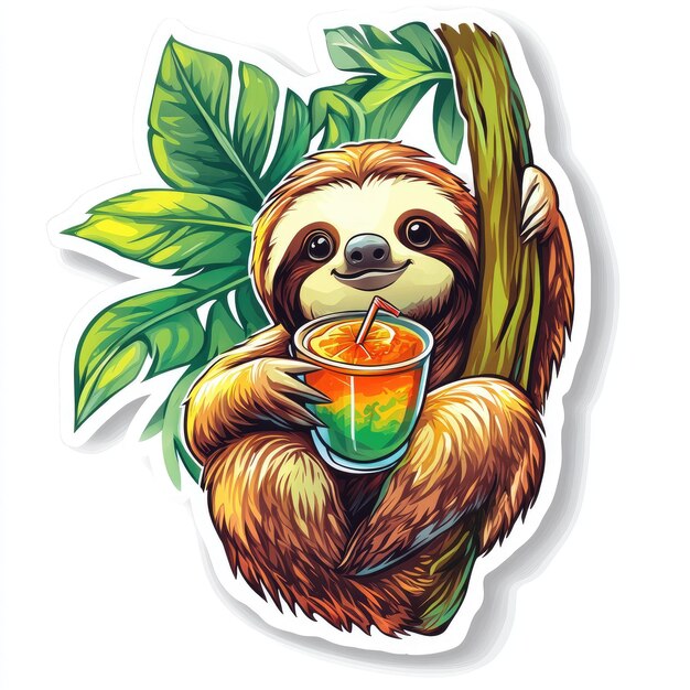 Photo charming sloth with tropical drink sticker ideal for relaxed and playful decor