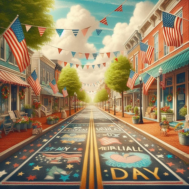 A charming smalltown view flags bunting Memorial Day in sidewalk chalk art