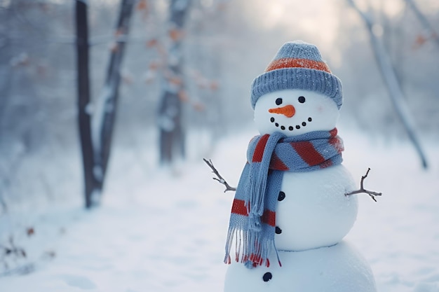 Charming snowman with hat and scarf close up in winter forest with blurred background