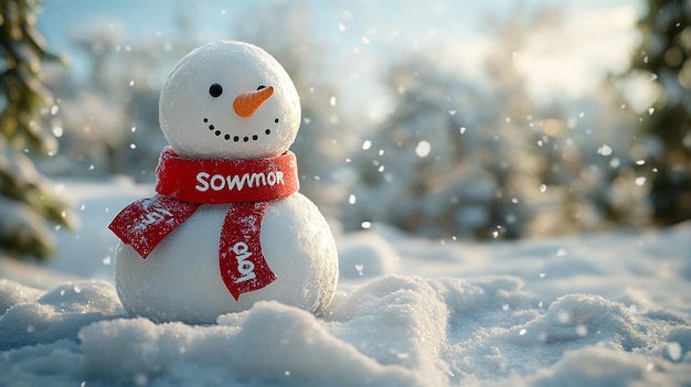 Charming Snowman with Red Scarf and Falling Snow in Festive Winter Landscape