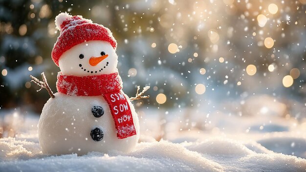 Charming Snowman with Red Scarf and Falling Snow in Festive Winter Landscape