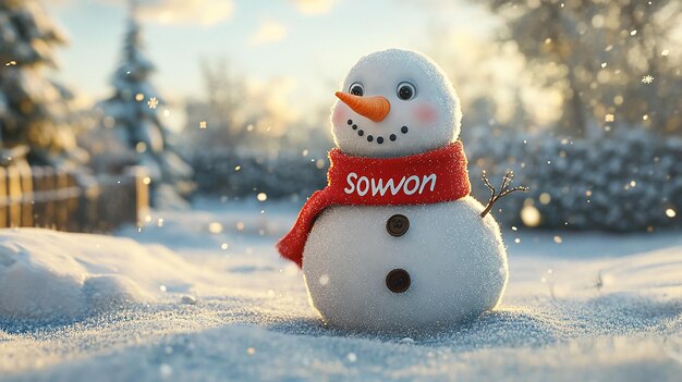 Charming Snowman with Red Scarf and Falling Snow in Festive Winter Landscape