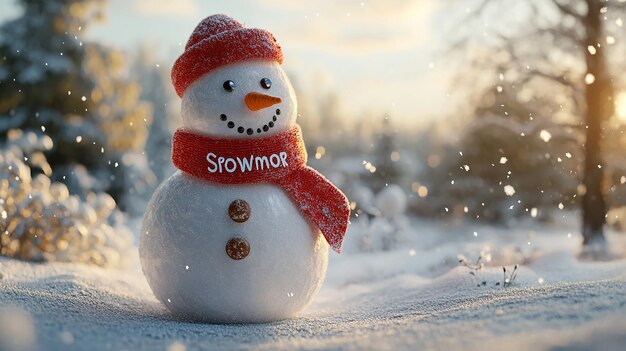 Charming Snowman with Red Scarf and Falling Snow in Festive Winter Landscape