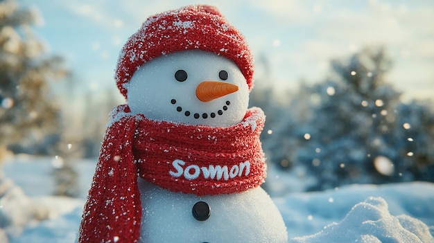 Charming Snowman with Red Scarf and Falling Snow in Festive Winter Landscape