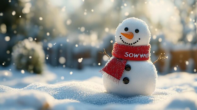 Charming Snowman with Red Scarf and Falling Snow in Festive Winter Landscape